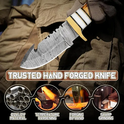 Miniatura 4 de Cuchillo de gancho de caza hecho a mano con mango de asta de ciervo y funda de cuero, perfecto para caza, desollar y aventuras al aire libre