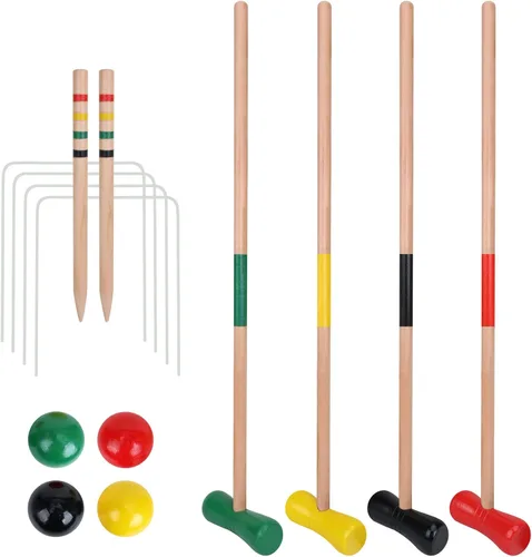 GOTHINK Juego de croquet para 4 jugadores con bolas de madera para adultos y niños, juegos de verano al aire libre para escuela, campo, día de