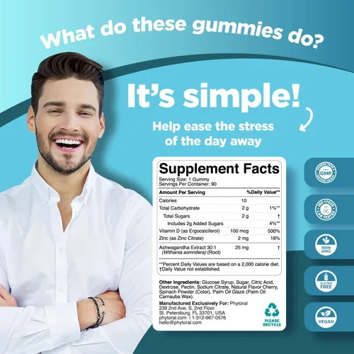 Miniatura 4 de Phytoral Gomitas calmantes Ashwagandha para hombres y mujeres, extracto de raíz con zinc y vitamina D, sabrosas gomitas de estrés adaptógeno