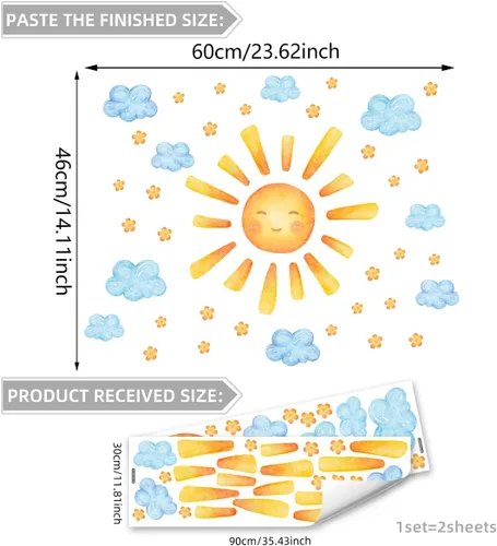 Miniatura 2 de 35.4 × 11.8 pulgadas, diseño de nubes de sol, mural de acuarela, vinilo moderno, extraíble, adhesivo para guardería, sala de juegos, sala de estar