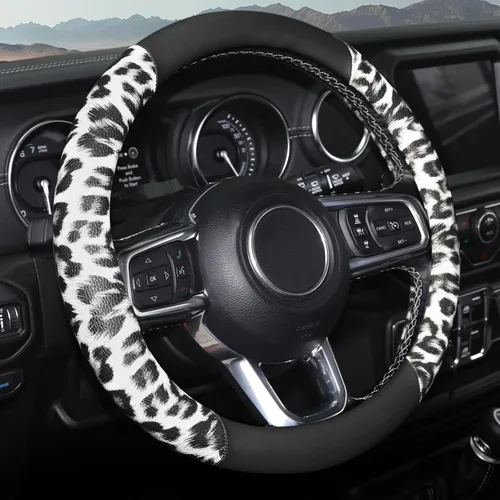 Miniatura 14 de ZHOL Funda para volante con estampado de vaca, cubierta de volante de automóvil en forma de D, piel de microfibra de 14 1/2-15 pulgadas