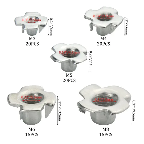 Miniatura 4 de 90 piezas M3 M4 M5 M6 M8 T Tuercas de cuatro garras Kit surtido de tuercas de garra de acero al carbono chapado en zinc para carpintería, gabinetes
