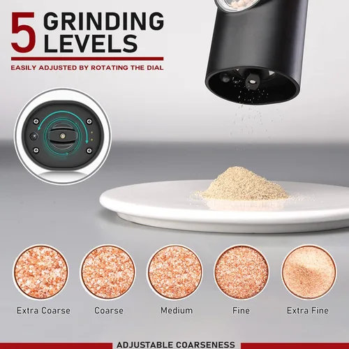 Miniatura 5 de Juego de molinillo eléctrico de sal y pimienta de 2 piezas, molinillo de pimienta automático, USB recargable, grosor ajustable, operación con una
