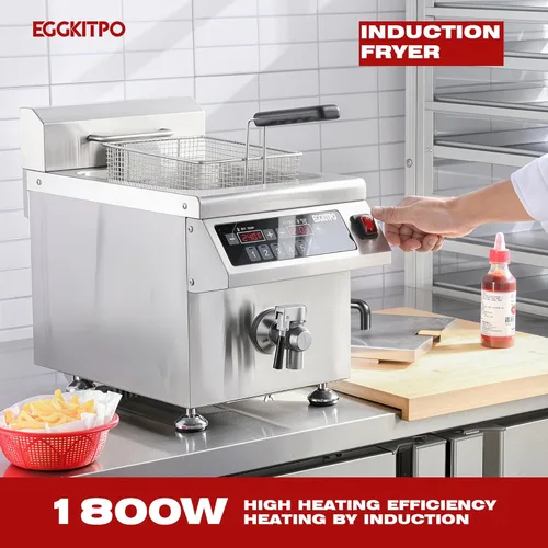 Miniatura 2 de EGGKITPO Freidora de inducción comercial de 12.6 cuartos de galón con temporizador, freidora eléctrica de drenaje con cesta, freidora de mesa grande
