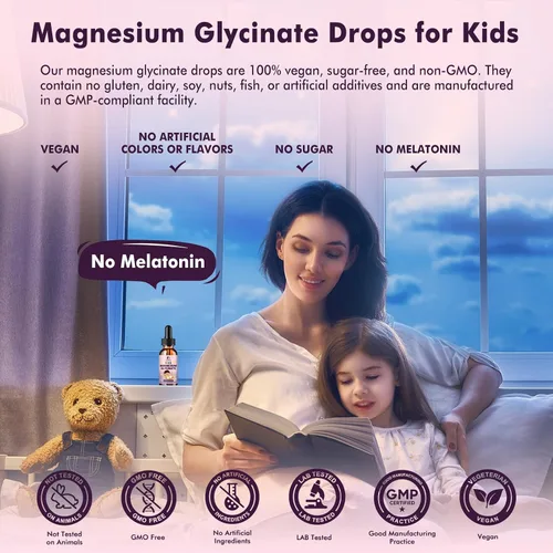 Miniatura 4 de Gotas Líquidas de Glicinato de Magnesio para Niños – Glicinato de Magnesio con L-teanina para Apoyo al Sueño y la Calma – Sin Melatonina, Sin