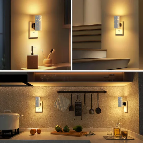 Miniatura 6 de Luces nocturnas LED enchufables a la pared, paquete de 2 luces nocturnas brillantes de 3000 K, sensor de atardecer a amanecer, regulable de 0 a 100