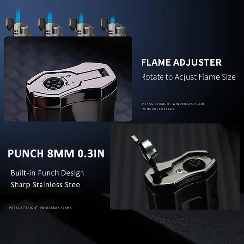 Miniatura 4 de PROMISE Encendedor de metal Triple Jet Flame recargable de butano resistente al viento, butano no incluido (negro)