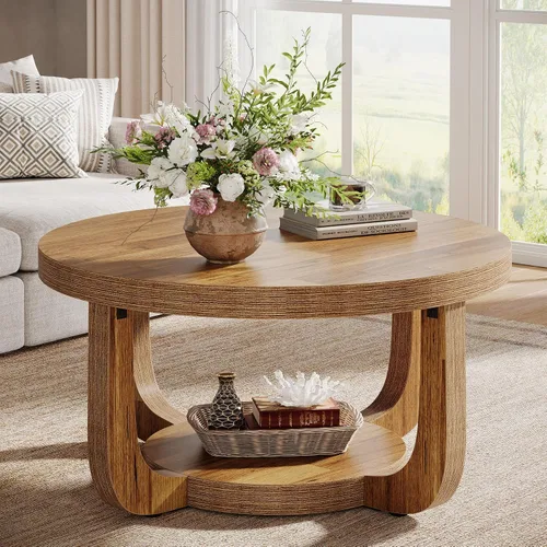 Miniatura 12 de Tribesigns - Mesa de café redonda, mesa de café circular de 2 niveles con almacenamiento, mesa auxiliar moderna de acento de madera para sala