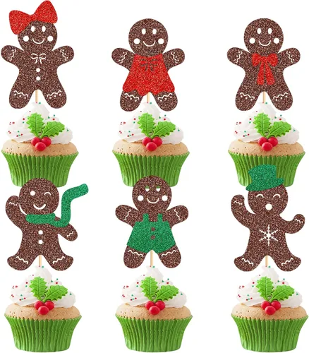 Miniatura 19 de Ercadio Paquete de 25 adornos para cupcakes de Papá Noel y elfo - Sombreros de Papá Noel con purpurina, sombreros de elfo, palillos para cupcakes