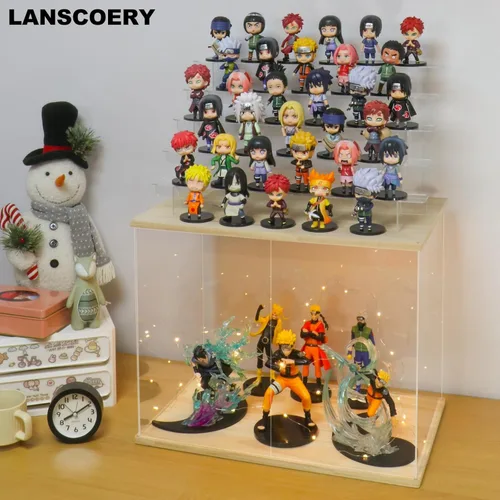 Miniatura 3 de LANSCOERY Vitrina de exhibición acrílica con luz LED, caja de exhibición de 6 niveles para coleccionables y figuras de acción, organizador Madera
