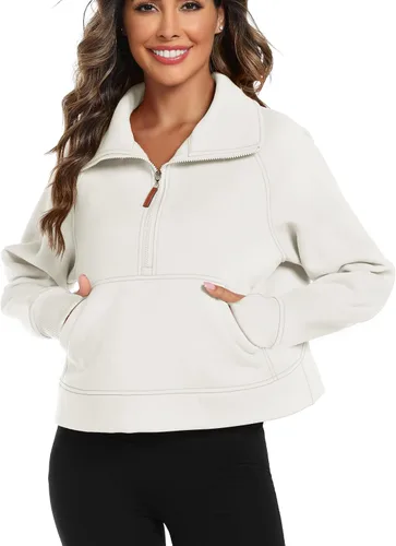 Miniatura 3 de LaLaLa Women's Cropped Sweatshirt Half Zip Fleece Quarter Zipper Pullover Hoodies Fall Outfits Clothes with Thumb Hole
