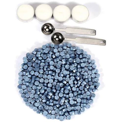 Miniatura 3 de Yoption Juego de 360 cuentas de cera de sellado azul para sello de cera con velas y cuchara de fusión Azul Metálico