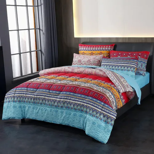 Miniatura 10 de LweiPsqLin - Juego de cama en una bolsa de 7 piezas tamaño full, estilo bohemio colorido con estampado rojo y azul, juego de edredón reversible