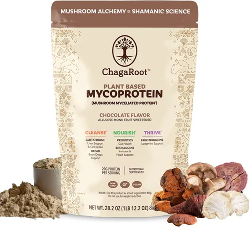 Mycoprotein Mushroom Protein Powder, Chocolate Flavor, 20g Plant Based Protein per Serving, Reishi, Chaga, Lions Mane, Shiitake, Turkey Tail, Vegan,