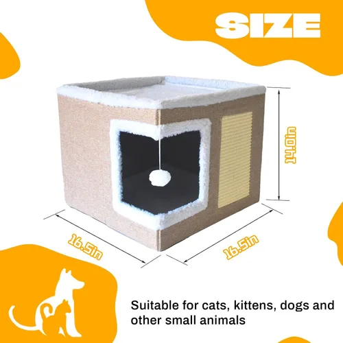 Miniatura 2 de Cama para gatos de interior, casa cubo, cama grande cubierta para gatos, cueva y muebles con bola esponjosa y almohadilla para rascar, nido