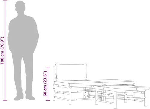 Miniatura 5 de vidaXL Juego de sala de patio de 3 piezas con elegantes cojines gris oscuro, muebles de exterior de bambú, sofá medio, reposapiés, mesa auxiliar