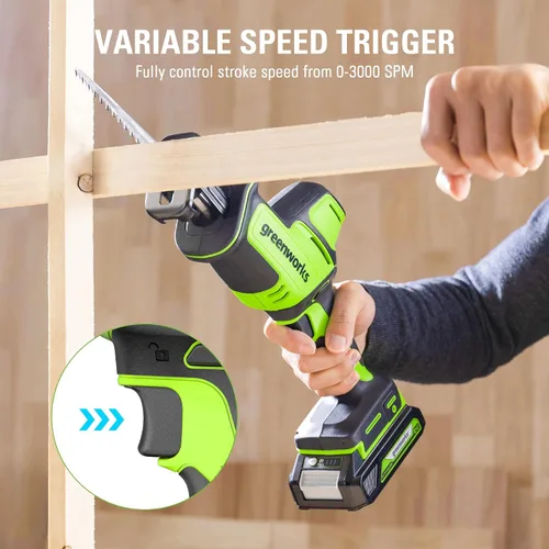 Miniatura 5 de Greenworks Sierra Recíproca Compacta de Una Mano sin Escobillas de 24V de 1" (3,000 SPM), Sierra Recíproca Inalámbrica de Velocidad Variable