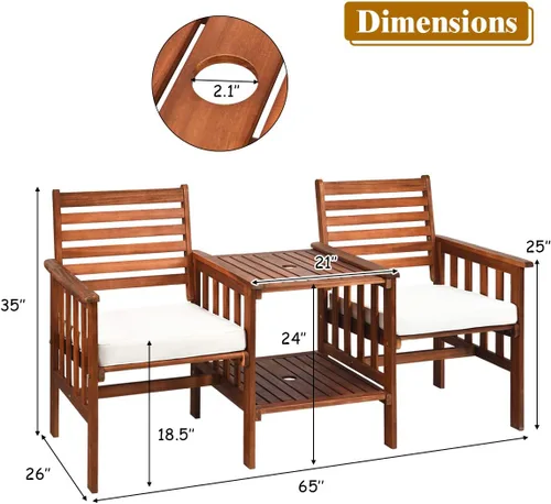 Miniatura 5 de Tangkula Sofá biplaza de madera de acacia, juego de 3 sillas de mesa para exteriores, juego de conversación de patio con mesa auxiliar y cojines