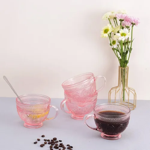 Miniatura 5 de Tazas de café de vidrio vintage con asa, tazas de vidrio en relieve rosa de 14 onzas para capuchino, latte, cereales, yogur, té, leche (4)