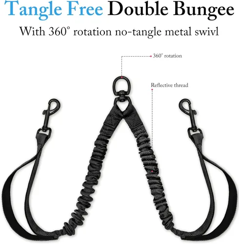Miniatura 5 de Correa doble para perro para dos perros, resistente ajustable sin enredos, correa elástica retráctil dividida múltiple para caminar a 2 perros, 5.5