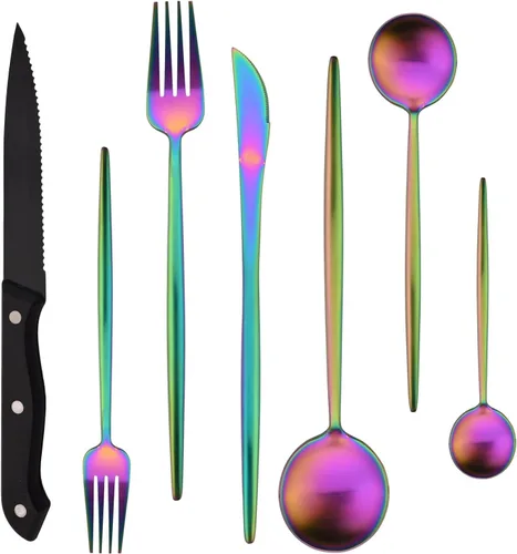 Miniatura 8 de Juego de cubiertos de 28 piezas con cuchillos para carne, cubiertos de acero inoxidable 18/8, juego de cubiertos modernos para 4 tenedores