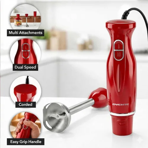 Miniatura 2 de OVENTE Juego de batidora de mano de inmersión, batidora de mano eléctrica de 300 W, 2 velocidades de mezcla con cuchillas de acero inoxidable, Rojo