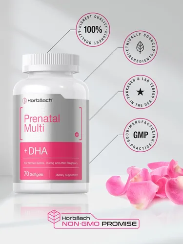 Miniatura 7 de Horbäach Multivitamínico prenatal para mujer con DHA, hierro y ácido fólico, 70 cápsulas blandas, sin OMG y sin gluten
