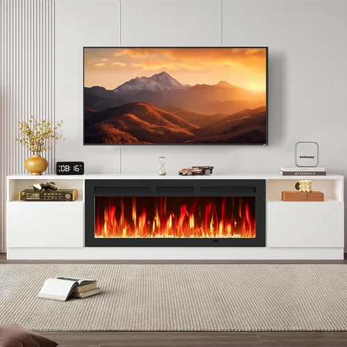 Miniatura 12 de oneinmil Soporte de TV con chimenea eléctrica de 36 pulgadas, centro de entretenimiento con luz LED, soporte de entretenimiento con textura