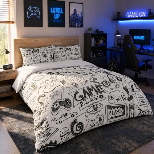 Juegos de Edredón Gaming para Niños Adolescentes Tamaño Twin, Juego de Ropa de Cama de Videojuegos para Niños Estilo Boceto Diseño Atlético de