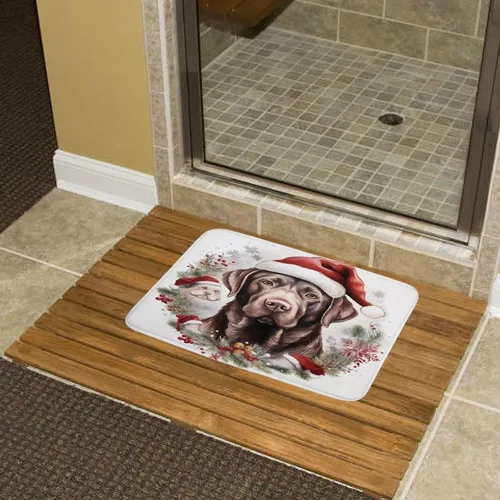 Miniatura 6 de Tapete de baño con diseño de Papá Noel para perro, diseño de acuarela, color chocolate, tapete de espuma antideslizante, tapete de felpa