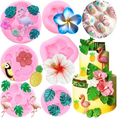 ZiXiang Molde de Silicona de Hoja Tropical de Flamenco Moldes de Fondant de Flores Plumeria Hibisco Pájaros Piña Moldes de Chocolate Para Cupcakes