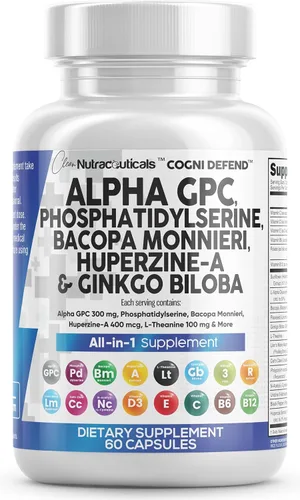 Clean Nutraceuticals Alpha GPC Colina Fosfatidilserina Bacopa Monnieri Ginkgo Biloba Huperzina A Suplemento con Urdina, Mane de León, Garra de Gato,