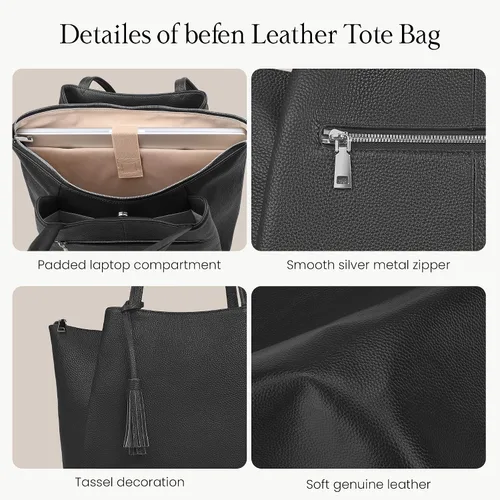 Miniatura 4 de befen Bolso de hombro para mujer de cuero genuino, bolsos para portátil con compartimentos, bolsos de mano