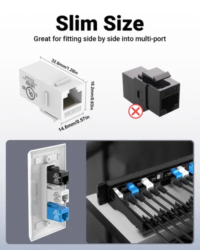 Miniatura 6 de VCE Paquete de 25 acopladores Keystone RJ45 CAT6 con certificación UL, acoplador hembra a hembra, acoplador en línea UTP CAT6 Keystone blanco