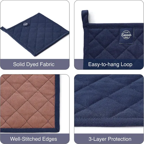 Miniatura 4 de Encasa XO Juego de 2 soportes para ollas de algodón resistentes al calor con lazo para colgar, color azul escocés, almohadillas acolchadas multiusos