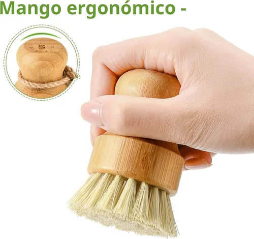 Miniatura 4 de SUBEKYU Cepillo de bambú para fregadero de cocina, cepillo de madera natural con cerdas de sisal para limpieza del hogar, ollas de hierro fundido