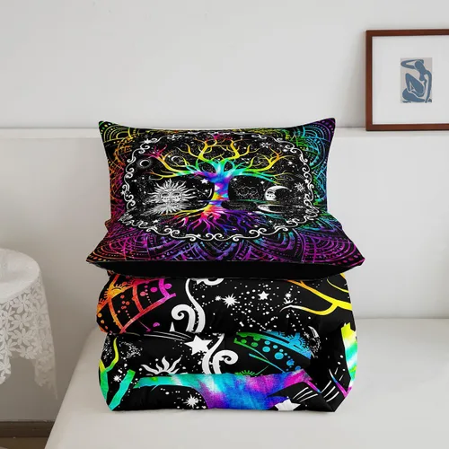 Miniatura 6 de Erosebridal - Juego de edredón tamaño King con diseño de Árbol de la Vida, juego de cama colorido de sol y luna para hombres y mujeres, edredón