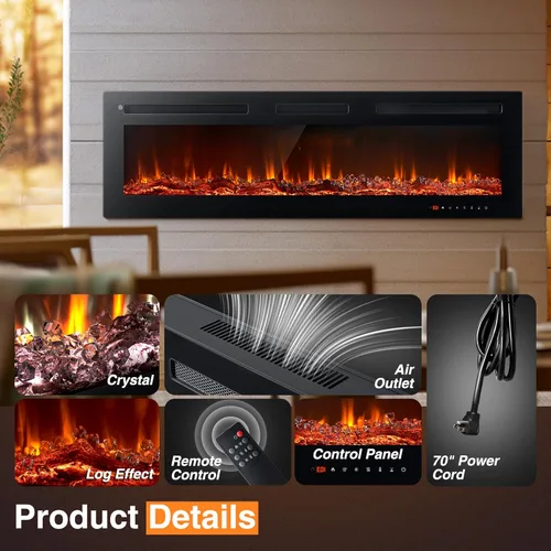 Miniatura 5 de oneinmil - Chimenea eléctrica de 50 pulgadas de ancho para empotrar/montar en pared, chimenea eléctrica con control remoto con temporizador, 12