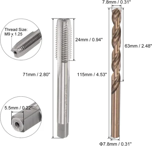 Miniatura 2 de uxcell M9 x 1.25 rosca recta flauta y 0.307 in Twist Drill Broca Set, métrico M35 cobalto alta velocidad máquina roscado herramienta de perforación