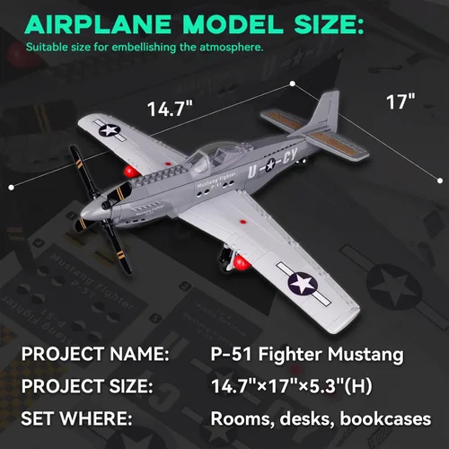 Miniatura 2 de ArtorBricks P-51 Mustang Fighter Airplane Juego de Construcción Militar con Soporte de Exhibición - Kit de Modelo de 258 Piezas para Adultos