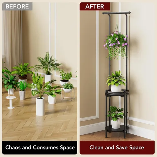 Miniatura 7 de Homsorout Soporte para plantas para interiores y exteriores, soporte de metal resistente de 2 niveles para plantas colgantes de hierro que ahorra