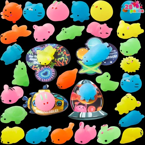 Miniatura 9 de JOYIN Paquete de 28 tarjetas de regalo para el día de San Valentín con mochis, juguetes esponjosos Mochi que brillan en la oscuridad, juguetes