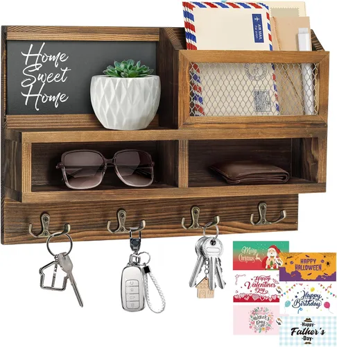 Miniatura 9 de Soporte de pared para llaves, correo de madera y organizador de llaves con pizarra y espejo, 3 tarjetas de felicitación, 8 ganchos, color negro
