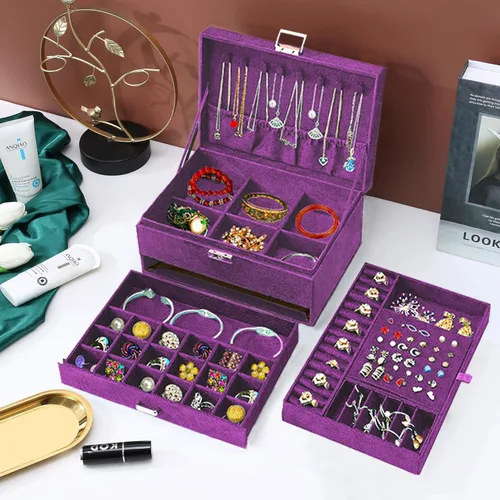 Miniatura 4 de Cajas de Joyería para Mujeres Morado Organizador de Joyas de Terciopelo con Cerradura, Organizadores de Joyas para Adolescentes y Caja Organizadora