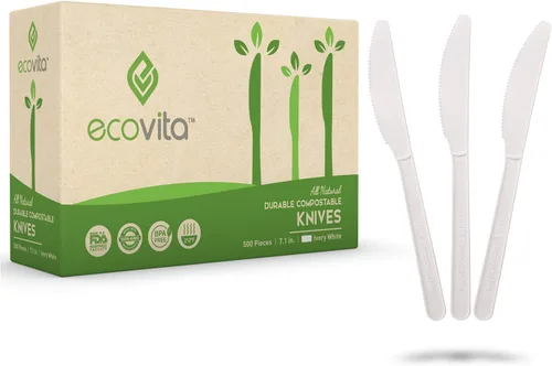 Ecovita Cuchillos 100% compostables – 500 utensilios desechables grandes (7 pulgadas) tamaño a granel, ecológico, duradero y resistente al calor,