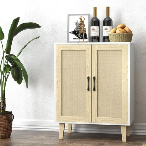 Miniatura 4 de Panana Aparador de buffet con puertas decoradas de ratán, armario de almacenamiento de cocina, armario de acento (blanco)