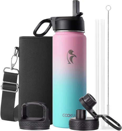 Miniatura 9 de Coolflask Botella de agua de 20 onzas aislada con pajilla, 3 tapas de metal de acero inoxidable, botella de agua de boca ancha para deportes u