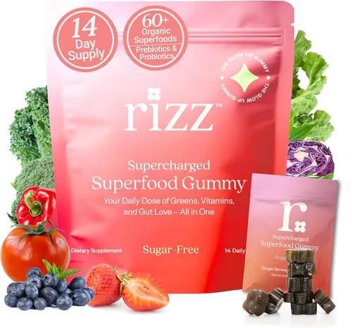 Miniatura 7 de Rizz Gomitas verdes bajas en azúcar, más de 60 superalimentos, 0.23 onzas de fibra, gomitas prebióticas y probióticas, multivitaminas veganas