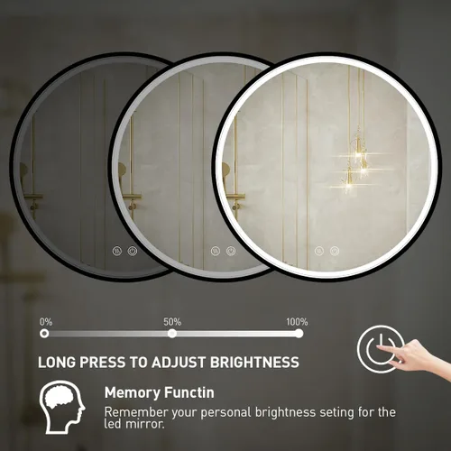 Miniatura 3 de Espejo de baño LED redondo de 36 pulgadas, espejo de tocador antivaho regulable con control táctil, luz natural de 6000 K, marco de metal negro