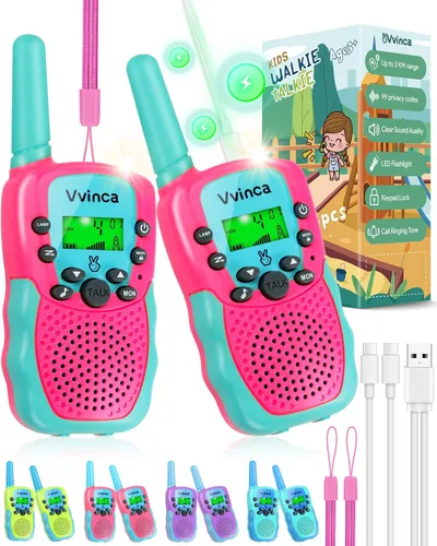 Miniatura 13 de Vvinca Walkie Talkies para niños, juguetes recargables para edades de 5 a 7 años, largo alcance, 22 canales, 2 vías, walkie talkie con linterna